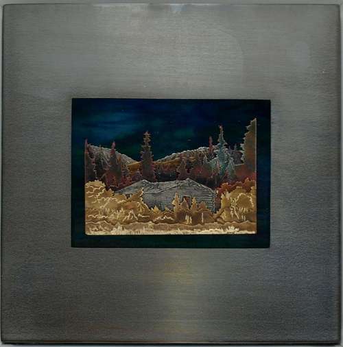 "Soon Just A Memory,"  Silver City, Kluane, Yukon.  Bronze, copper, german silver, enamel, steel ,glass.
from: "A Second Look,"  6"x6"